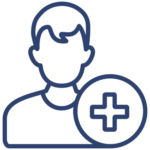 Become a patient icon featuring a simple blue outline of a person with short hair and a circular icon containing a plus sign (+) in front, symbolizing the process of enrolling for medical care