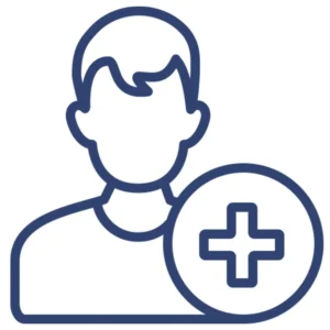 Group psychotherapy icon featuring two simplified human figures sitting on chairs facing each other with a speech bubble containing three dots between them, symbolizing communication and therapeutic conversation in a group setting.