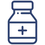 Medication management icon featuring a blue line drawing of a medication bottle with a plus sign on its label and a single capsule pill beside it, symbolizing prescription management and pharmaceutical care