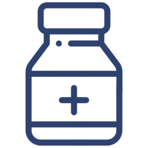 Medication management icon featuring a blue line drawing of a medication bottle with a plus sign on its label and a single capsule pill beside it, symbolizing prescription management and pharmaceutical care