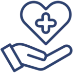 Psychotherapy icon featuring an open hand with a heart above it, containing a medical cross symbol, representing mental health care and support.
