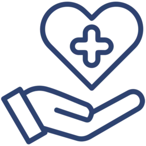 Psychotherapy icon featuring an open hand with a heart above it, containing a medical cross symbol, representing mental health care and support.