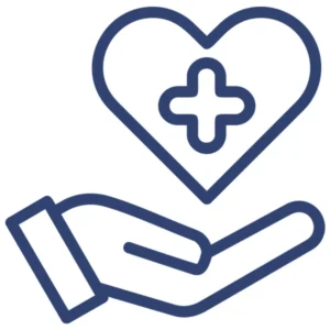 Psychotherapy icon featuring an open hand with a heart above it, containing a medical cross symbol, representing mental health care and support.