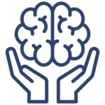 TMS therapy icon featuring a brain held by two hands, symbolizing Transcranial Magnetic Stimulation for mental health care and support.