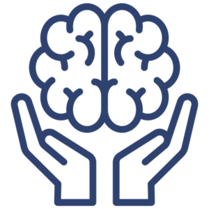 TMS therapy icon featuring a brain held by two hands, symbolizing Transcranial Magnetic Stimulation for mental health care and support.
