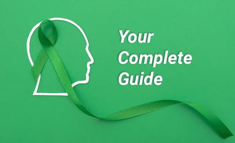 Green mental health awareness ribbon with the outline of a head, promoting a complete guide for National Depression and Mental Health Screening Month.
