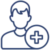 Become a patient icon featuring a simple blue outline of a person with short hair and a circular icon containing a plus sign (+) in front, symbolizing the process of enrolling for medical care