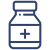 Medication management icon featuring a blue line drawing of a medication bottle with a plus sign on its label and a single capsule pill beside it, symbolizing prescription management and pharmaceutical care