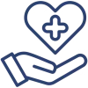 Psychotherapy icon featuring an open hand with a heart above it, containing a medical cross symbol, representing mental health care and support.
