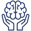 TMS therapy icon featuring a brain held by two hands, symbolizing Transcranial Magnetic Stimulation for mental health care and support.
